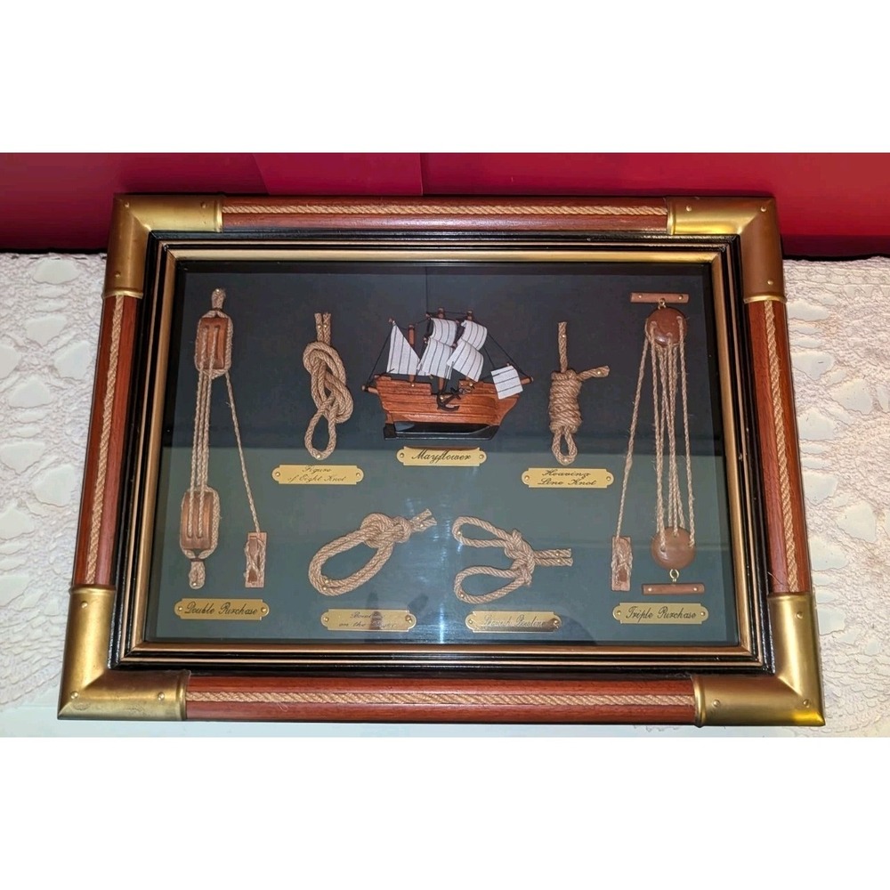 Vintage Nautical Mayflower Ship shadow box wood framed 16" x 12" Decor Ocean